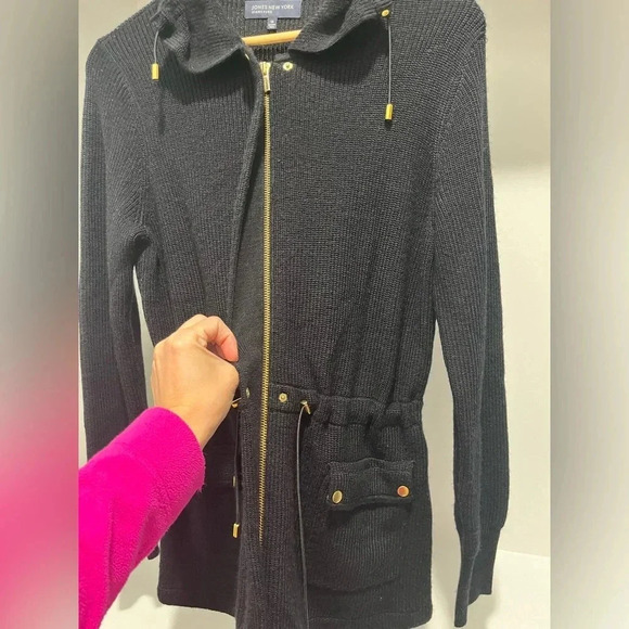 Jones New York Signature black wool blend sweater coat cinch waist double zip M - Picture 2 of 8